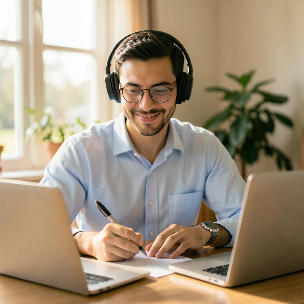 Opositor estudiando con ordenador y auriculares